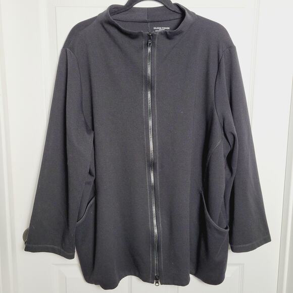 Eileen Fisher Jacket Womens 3X Black Stretch Ponte Knit Two Way Zip Pockets USA - Picture 1 of 13
